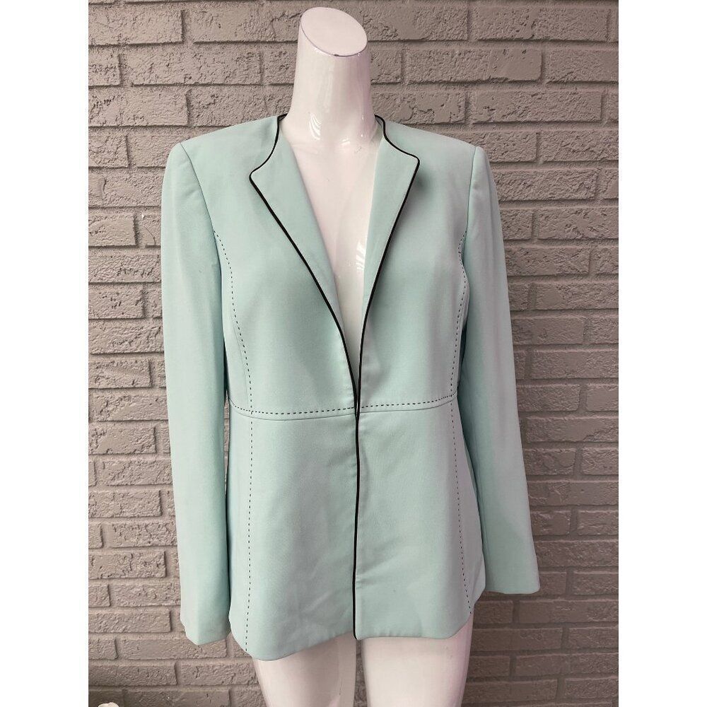 Kasper Women Long Sleeve Mint with Black Stitching Open Front Jacket Size 8 - Picture 2 of 8